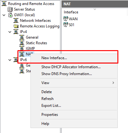 LAN Routing and NAT with Windows Server 2016 - RRAS Setup Add New Interface NAT