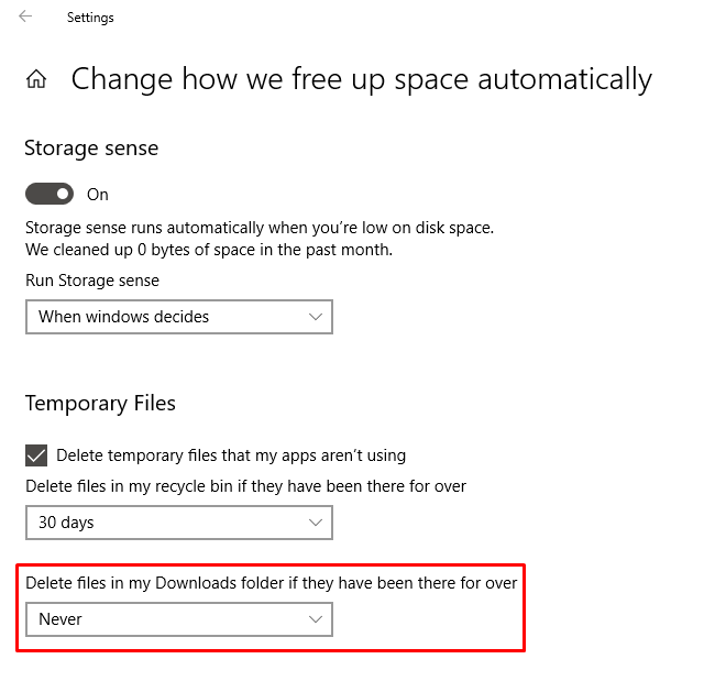 Configure Storage Sense Windows 10